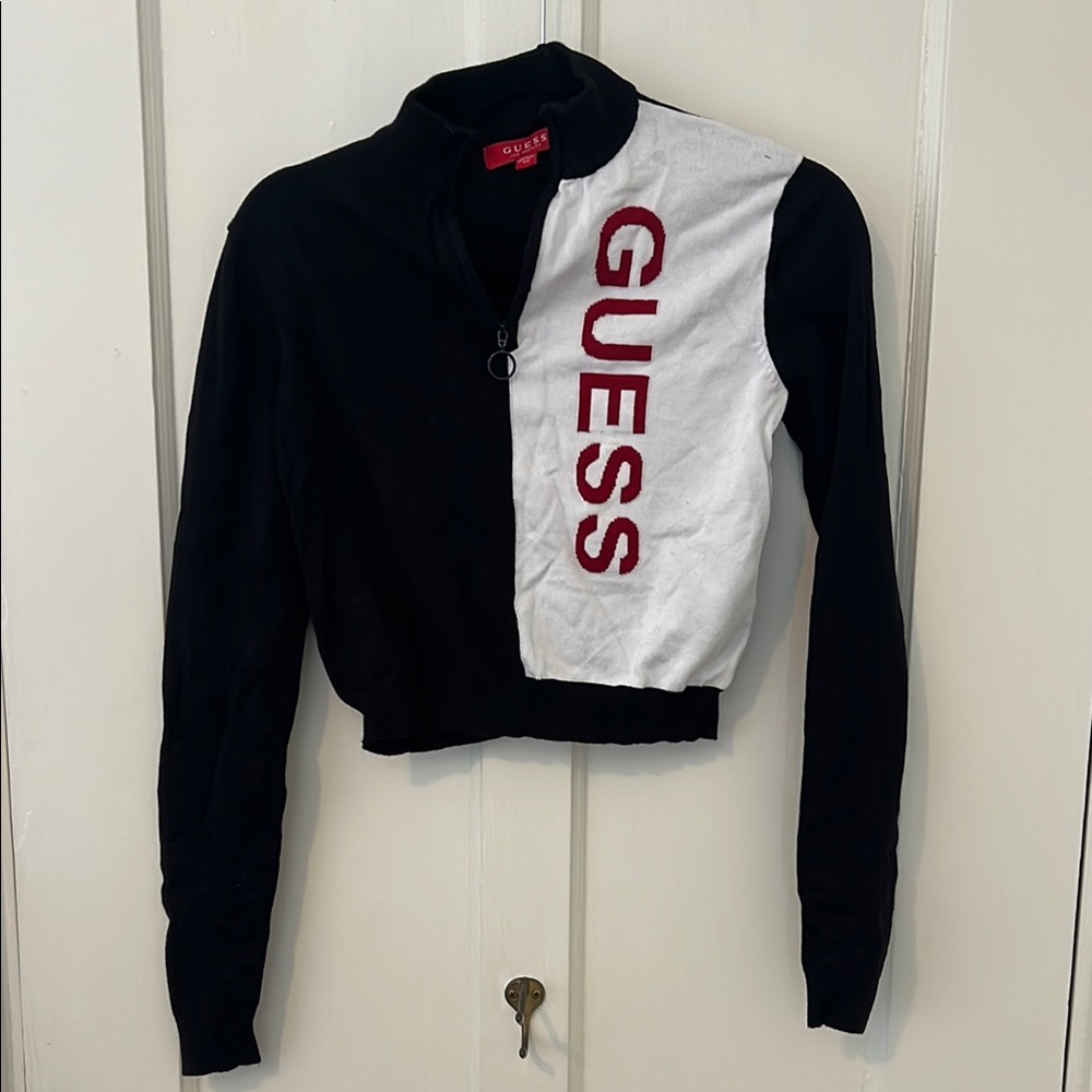 GUESS Black and White Graphic Crop Sweater Half Zip